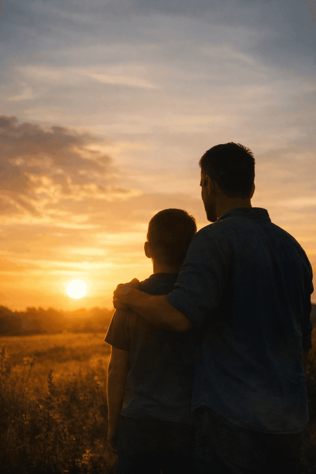 A father and child stand together at sunset, silhouetted against a golden sky, symbolizing warmth, protection, and enduring love.
