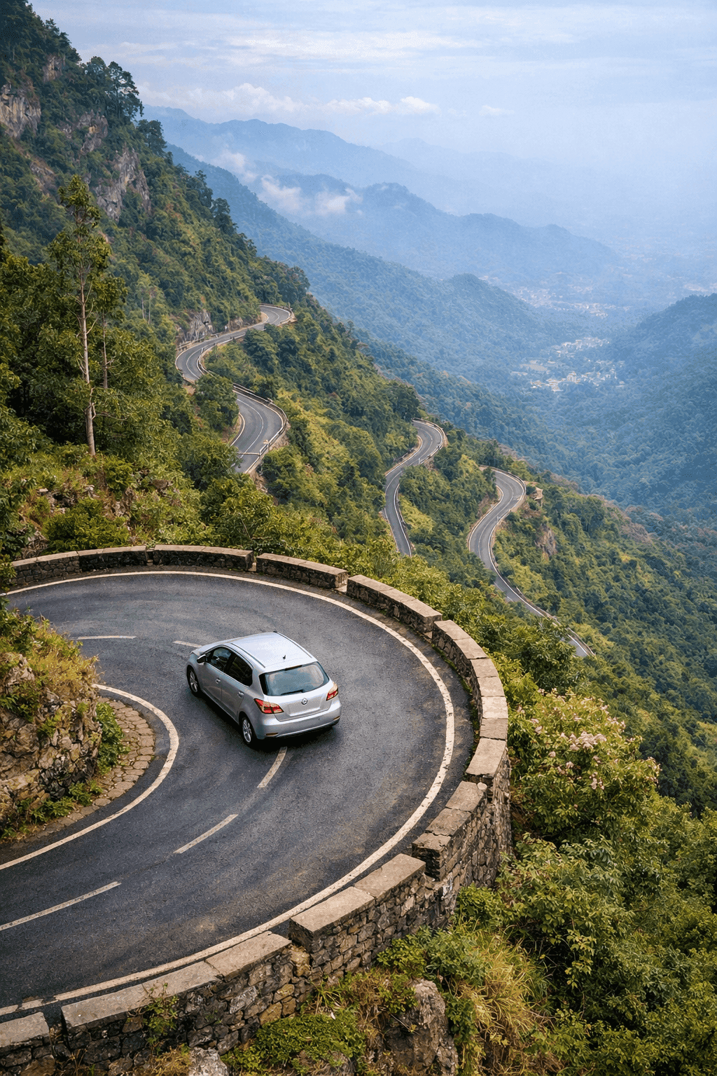 A high-altitude view of Kodaikanal’s winding mountain road, with a silver car navigating a sharp bend, misty hills rolling into the distance — symbolizing resilience, delayed dreams, and the couple’s journey of love and endurance.