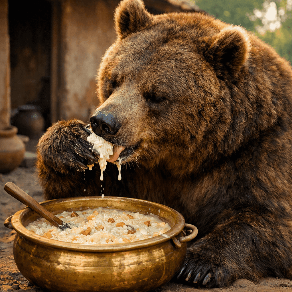 A large brown bear sitting beside a brass pot, eating creamy payasam with its paw in a rustic village setting.